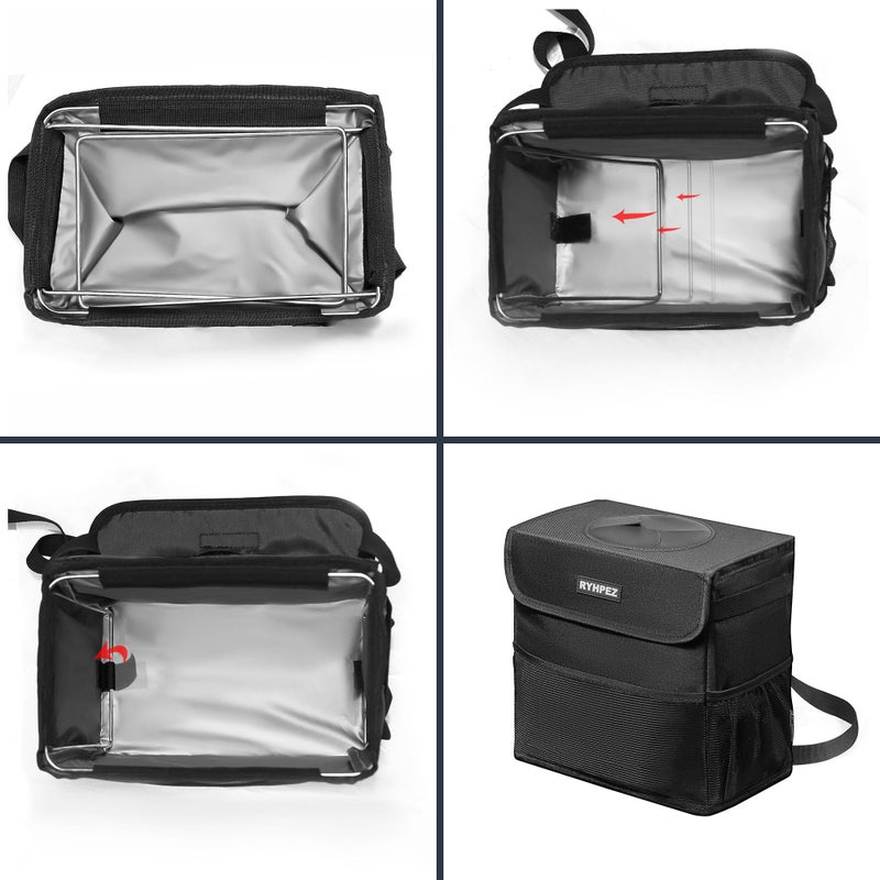 Ryhpez Car Trash Can with Lid - Car Trash Bag Hanging with Storage Pockets Collapsible and Portable Car Garbage Can with Metal Rack Support - Image 5